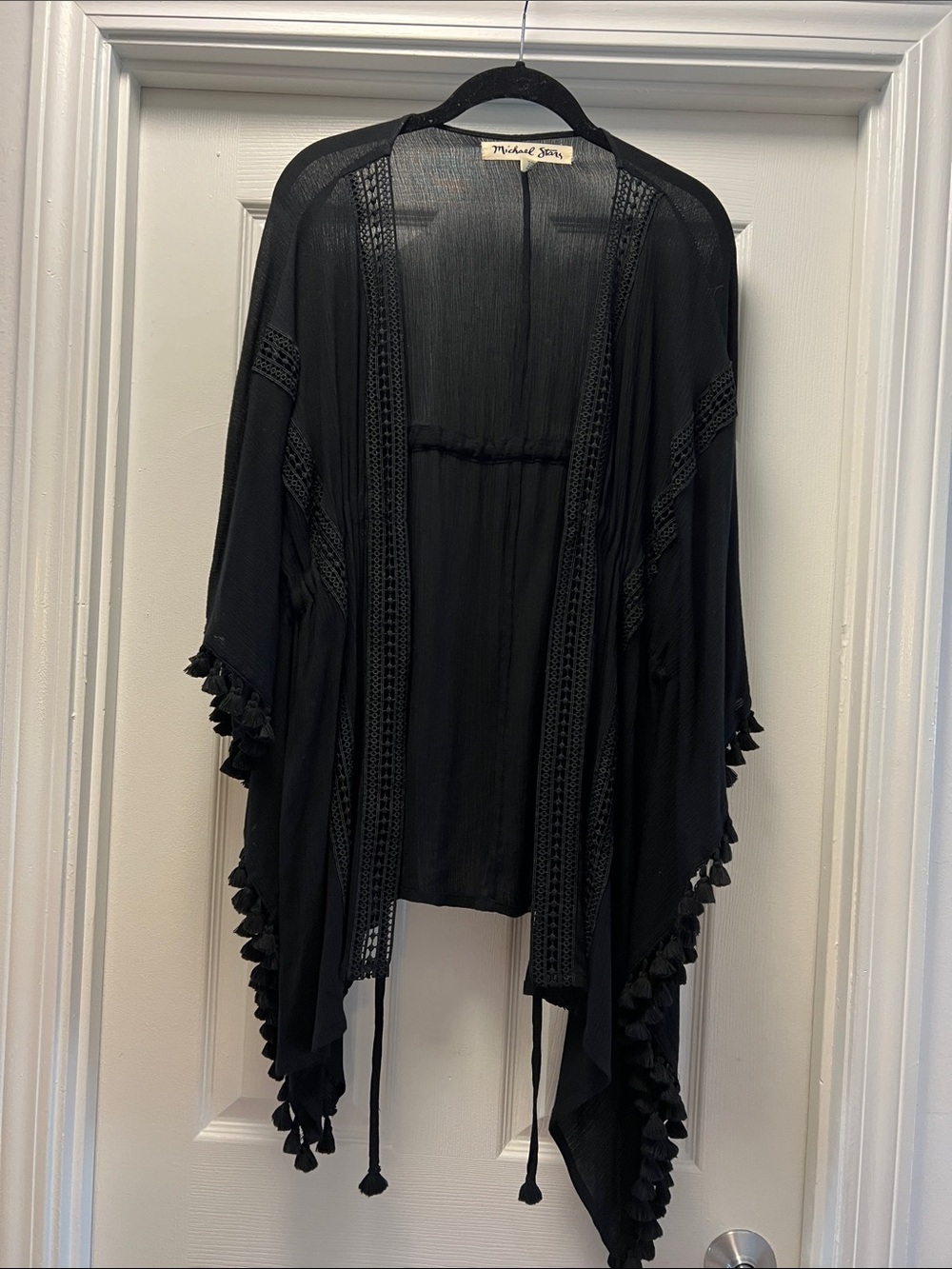 Michael Stars Black Tassel-Trim Open-Front Kimono